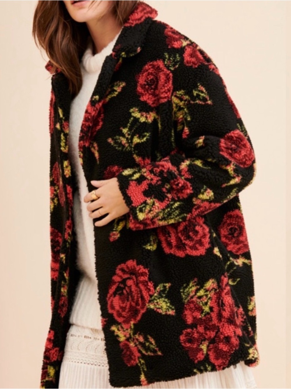 Anthropologie Winter Roses Black Floral Sherpa Jacket - Picture 2 of 7